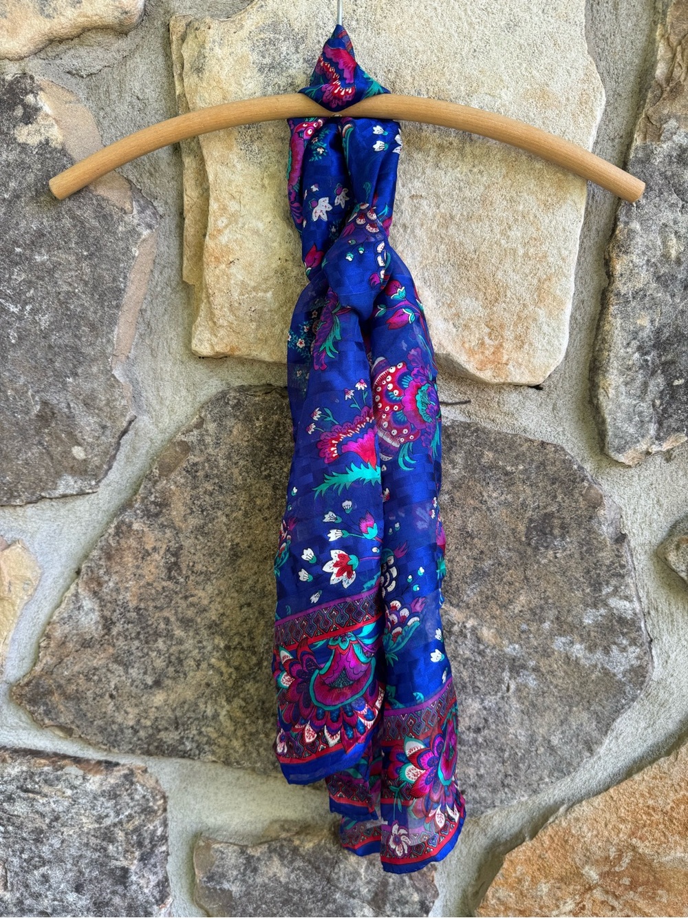 Vintage Vibrant Paisley Blue Floral 100% Silk Scarf 80s 90s Boho Festival